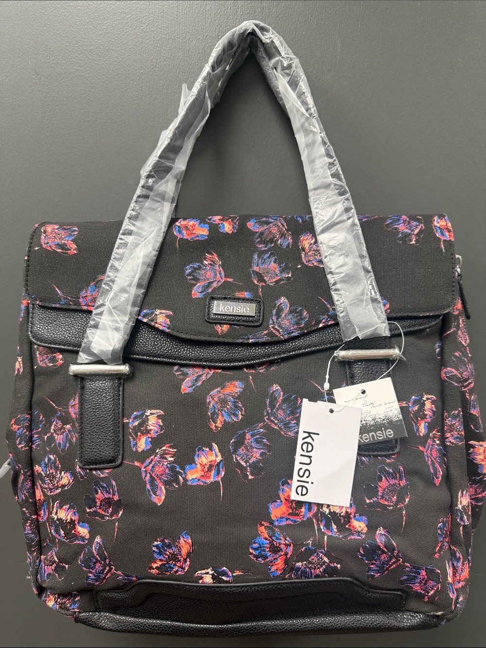 Kensie Black Floral Tote with Pink & Blue Accents